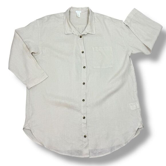 H&M Home Linen Button Up Shirt Dress Beige Tan Medium Long Sleeve Beach - Picture 12 of 12